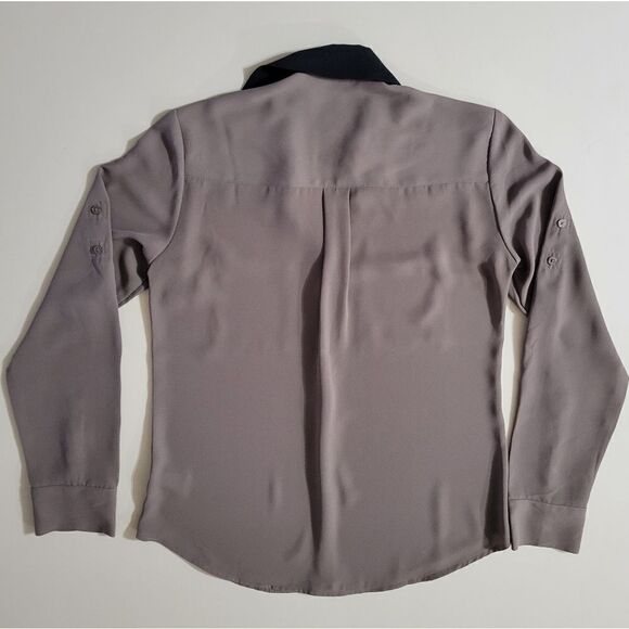 Express Portofino Taupe Button Down Blouse Black Trim - Picture 14 of 14